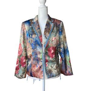 Womens Boho Chic Vintage Floral Satin Blazer Size 8 Lace Up Super Unique Jacket